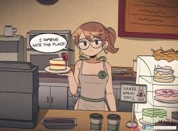 1girls anger_vein apron barista black_eyes brown_hair cake cake_slice cup drink earrings female food glasses holding_object hoop_earrings julie_powers kt-draws light-skinned_female light_skin naked_apron nude nude_female partially_clothed plate scott_pilgrim short_hair solo solo_female sweatdrop workplace