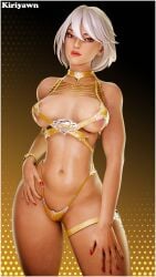 3d aphrodite_(fortnite) bikini fancy_clothing female fortnite gold_bikini gold_clothing golden_bikini hips kiriyawn lipstick nail_polish oiled_skin scarecraw_ visible_areolae white_hair