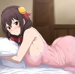 ai_generated bed big_breasts black_hair braided_hair camisole curvaceous curvy_female hair_ornament hairbow huge_breasts kono_subarashii_sekai_ni_shukufuku_wo! large_breasts light-skinned_female light_skin looking_at_viewer pajamas pillow_grab red_eyes smiling solo_female tofuro voluptuous voluptuous_female yunyun_(konosuba)