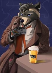 2025 alcohol animal_genitalia anthro arm_support beer belt beverage black_hair blue_eyes bottomwear clothed clothing coat digital_media_(artwork) driver's_license ear_piercing fully_clothed genitals hair hi_res leaning_on_elbow license looking_at_viewer male mammal necktie pants penis piercing procyonid raccoon sheath signature solo solo_focus superbad topwear trenchcoat unzipped unzipped_pants wapken_(artist) zipper