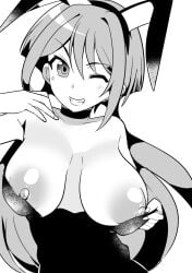 1girls anjou_tokoha black_and_white breasts breasts_out bunny_girl cardfight!!_vanguard cardfight!!_vanguard_g colorless oda_koziki one_eye_closed plain_background smile solo solo_female wink winking_at_viewer