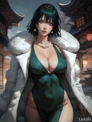 1girls ai_generated anime cleavage dress female female_focus female_only femdom fubuki_(one-punch_man) fur fur_coat green_hair lokiai necklace one-punch_man provocative seductive seductive_look seductive_pose short_hair stable_diffusion standing