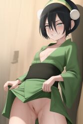 1girls ai_generated alternate_costume avatar_legends avatar_the_last_airbender black_hair blind blush cleavage earth_kingdom female flat_chest flat_chested green_kimono kimono lifting_skirt obi plunging_neckline pussy semen_on_body semen_on_face semen_on_legs small_breasts smirk toph_bei_fong upskirt vagina