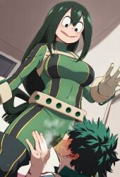 1boy 1girls ai_generated big_breasts black_eyes boku_no_hero_academia golden_shower green_hair hero_outfit_(mha) huge_breasts in_search_of_holy_water izuku_midoriya large_breasts long_hair my_hero_academia peeing peeing_in_mouth piss_drinking pissing pissing_in_mouth pussy pussy_juice pussy_juice_drip thick_thighs thighs tsuyu_asui urinating urination urine urine_in_mouth