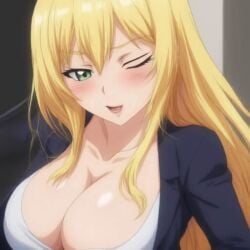 ai_generated ai_video animated animation anime anime_screencap anime_style big_breasts black_jacket blonde_hair blush breast_focus busty cleavage crop_top curvy female female_only gif hi_res highres huge_breasts jeans midriff original original_character seraphim_ai short_animation short_video smile solo stable_diffusion upper_body