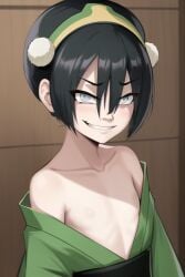 1girls ai_generated alternate_costume avatar_legends avatar_the_last_airbender bare_shoulders black_hair blind blush cleavage earth_kingdom female flat_chest flat_chested green_kimono kimono no_nipples obi plunging_neckline small_breasts smiling smirk toph_bei_fong