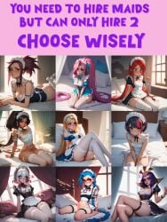 9girls ai_generated akali_jhomen_tethi annoyed ass atomdildo bed bedroom belly_button black_eyeshadow black_hair blonde_hair blue_eyes blue_hair blunt_bangs blush body_markings bow bowtie braided_hair briar_(league_of_legends) choose_your_own_adventure cleavage collage crossed_legs dyed_hair face_markings female_only fiora_laurent fishnets floating_heart french_maid french_maid_nidalee green_eyes hands_between_legs headgear jinx_(league_of_legends) katarina_du_couteau league_of_legends leblanc legs_apart legs_together long_hair luxanna_crownguard lying lying_on_bed lying_on_stomach maid maid_apron maid_headdress maid_outfit maid_uniform makeup medium_breasts multiple_females multiple_girls nidalee pale-skinned_female pale_skin partially_clothed petite pink_eyes pink_hair ponytail pouting purple_eyes purple_hair red_hair red_streak riot_games scar self_upload seraphine_(league_of_legends) short_hair shoulder_length_hair sitting sitting_on_bed skindentation small_breasts small_waist stable_diffusion stockings straight_hair tan_body tan_skin tanline tattoo text the_grind_series thick_thighs white_eyes white_hair white_thighhighs wide_hips