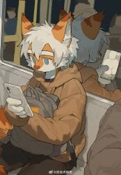 anthro anus backpack bag balls blue_eyes bottomwear bottomwear_down cellphone clothed clothing domestic_cat electronics felid feline felis genitals hair hi_res holding_cellphone holding_object holding_phone hoodie hu_ku_li_(milkybot) male mammal milkybot pants pants_down partially_clothed phone public reflection sitting solo subway three-quarter_view topwear white_hair