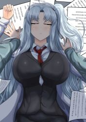 1girls angela_(lobotomy_corporation) angela_(project_moon) big_breasts blue_hair blush closed_eyes clothing laying_down library_of_ruina lobotomy_corporation long_hair project_moon tie tied_hair uniform