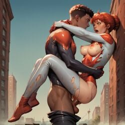 1boy 1boy1girl 1girl ai_generated breasts breasts_out building buildings costume_damaged hands_around_neck interracial interracial_sex leg_lock legs_lift legs_lifted legs_up looking_at_another looking_at_partner marvel marvel_comics mary_jane_watson miles_morales open_mouth outdoor_sex outdoors pants_down penis_in_pussy spider-man spider-man_(series) spinneret_(mary_jane_watson) superhero superheroine themerchant69 trees unmask unmasked wall wall_(structure) windows