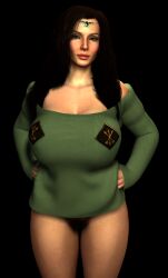 3d black_hair bottomless breasts character_name circlet curvy elf emblem female_pubic_hair green_eyes green_sweater groin hands_on_own_hips highres jewelry large_breasts long_hair looking_at_viewer non-web_source original pointy_ears pubic_hair sweater thick_thighs thighs xuara-xuara