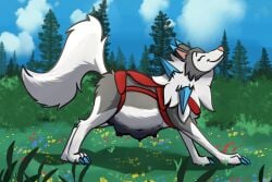 belly big_belly canid canine canis digital_media_(artwork) female feral fur generation_7_pokemon happy harness heliofox lycanroc mammal midday_lycanroc multi_nipple nintendo nipples pokemon pokemon_(species) pregnant pregnant_female pregnant_feral quadruped smile tail teats white_body white_fur