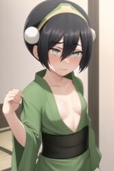 1girls ai_generated alternate_costume avatar_legends avatar_the_last_airbender black_hair blind blush cleavage earth_kingdom female green_kimono kimono obi plunging_neckline small_breasts smiling toph_bei_fong