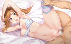 areolae arm_up armpits bare_arms bare_shoulders bed blush bra breasts censored clothed_female_nude_male ero_goods!_h_na_omocha_de_kaikan_engine female floating_hair game_cg green_eyes highres indoors leg_up long_hair lying mosaic_censoring navel nipple_slip nipples no_panties on_bed on_side oohara_kyuutarou open_mouth orange_hair penis pussy sex shaved_pussy shaved_pussy small_breasts solo_focus striped striped_bra striped_legwear sweat vaginal_penetration