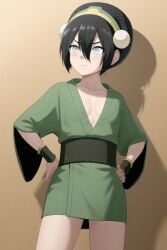 1girls ai_generated alternate_costume avatar_legends avatar_the_last_airbender black_hair blind blush cleavage earth_kingdom female flat_chest flat_chested green_kimono hands_on_hips kimono obi plunging_neckline small_breasts toph_bei_fong