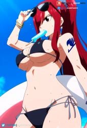 ai_generated big_ass big_breasts bracelet brown_hair curvy erza_scarlet fairy_tail female float ice_cream juanpi_amvs patreon patreon_username ponytail red_hair scarlet_hair solo sunglasses sunglasses_on_head tatoo watermark