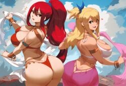 2girls ai_generated belly_dancer belly_dancer_outfit big_ass blonde_hair curvy curvy_figure dancer erza_scarlet fairy_tail harem harem_girl harem_outfit huge_ass jewelry large_breasts long_hair looking_at_viewer lucy_heartfilia lucy_heartfilia_(belly_dancer) mullon novelai panties ponytail red_hair voluptuous voluptuous_female