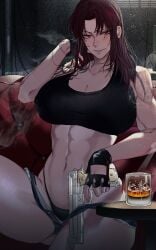 abs black_hair black_lagoon huge_breasts march_ab muscular_female revy tank_top thick_thighs tomboy