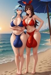 2futa 2futas ai_generated amber_(genshin_impact) balls_bigger_than_penis balls_under_clothes barefoot beach beach_umbrella big_balls big_breasts big_penis big_testicles bikini black_hairband blue_bikini blue_hair brown_hair bulge civitai cleavage closed_mouth day eula_(genshin_impact) flaccid flaccid_penis full-package_futanari full_body futa_only futa_with_futa futanari genshin_impact hair_ribbon hairband hand_on_hip huge_balls huge_breasts huge_bulge huge_penis huge_testicles indoors long_hair looking_at_viewer medium_hair mizuiro01 ocean outdoors penis_in_bikini penis_in_swimsuit penis_under_clothes red_bikini red_ribbon ribbon sand side-tie_bikini side-tie_bikini_bottom sky smile standing swimsuit testicles umbrella uncensored women