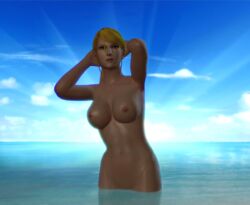 3d blonde_hair blue_sky breasts female jc-starstorm metroid nintendo nude samus_aran standing water