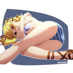 blonde_hair bra cameltoe ecch1_tecch1 edit feet hadashi_shoujo high_heels laying_down long_hair nails open_toe_shoes oshioki_sweetie panties red_eye small_breasts toenails underwear yellow_hair