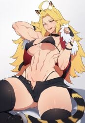 abs buff cat_ears cat_tail female female female_only licking_lips sabamori short_shorts tala_tora_(vtuber) tiger_ears tiger_tail tunny underboob unzipped_pants virtual_youtuber vtuber