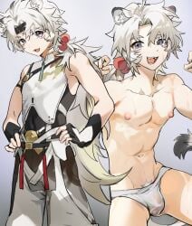 1boy animal_ears animal_tail bulge bulge_through_clothing cute fangs itsme_takk kemonomimi lingyang_(wuthering_waves) lion_boy lion_ears lion_tail low_ponytail male male_only nipples penis ponytail pubic_hair smiling sweat thick_eyebrows twink underwear white_hair white_underwear wuthering_waves