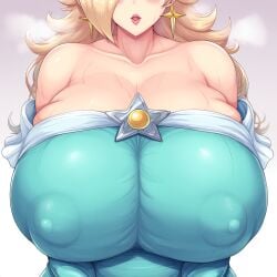 1girls ai_generated areola_bulge big_breasts bimbofication blonde_hair blue_dress breast_focus breasts cleavage earrings erect_nipples female female_only head_out_of_frame huge_breasts large_breasts mario_(series) massive_breasts nai_diffusion nintendo nipple_bulge nipples_visible_through_clothing princess_rosalina pursed_lips revolverwingstudios_(style) solo solo_female upper_body