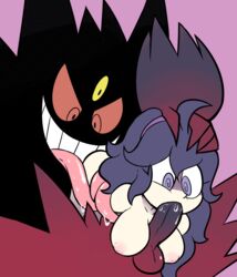 1boy 1girls @_@ ahoge al_bhed_eyes bent_over breasts erection fellatio female gengar hand_on_head headband hex_maniac highres inverted_nipples large_breasts long_hair long_tongue looking_down matching_hair/eyes mega_evolution mega_gengar mega_pokemon miscon nipples npc_trainer nude open_mouth oral penis pink_background pokemon pokemon_(species) pokemon_rgby pokemon_xy pokephilia purple_eyes purple_hair red_eyes red_sclera saliva silhouette simple_background smile teeth testicles tongue tongue_out uncensored