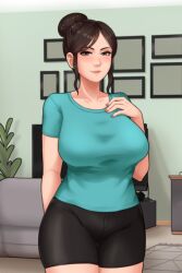 big_ass black_shorts blue_shirt booty_shorts brown_hair hairbun house_chores_(game) huge_ass huge_breasts linda_(house_chores) living_room loose_clothes mommy mother smiling_at_viewer thick_thighs thighs tight_clothing underboob white_body