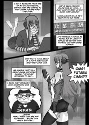 1girls akihabara_(tokyo) atlus booty_shorts comic comic_page english english_text female female_only furcifur glasses headphones jacket light-skinned_female light_skin orange_hair persona persona_5 sakura_futaba smile smiling text thighs ugly_bastard