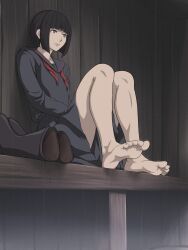 bob_cut cute feet foot_fetish japanese_female maku_(l-u) no_socks raining soles uniform