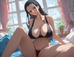 1girls ai_generated bare_arms bare_legs bare_shoulders bare_thighs big_breasts black_hair blue_eyes blush bra clothed clothing color female female_focus female_only hi_res large_breasts light-skinned_female light_skin long_hair looking_at_another looking_at_viewer naka_ai nico_robin one_piece panties shounen_jump solo solo_female tagme thick_thighs underwear