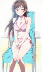 bangs belly bikini blush blush_lines blushing blushing_at_viewer bright_colors bright_light brown_eyes brown_hair chair hourglass_figure human kanojo_okarishimasu large_breasts legs light-skinned_female light_skin long_hair long_legs mizuhara_chizuru navel outside pinup sitting slender_legs slim_waist solo swimsuit tagme tall tall_female thighs white_body white_skin wide_hips