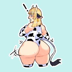 ! 1girls alternate_hairstyle animal_ears ass back_view backboob bare_thighs beauty_mark blonde_hair blue_background bluueygooey breasts cow_ears cow_print curvy elbow_gloves female female_only fire_emblem fire_emblem:_three_houses fire_emblem_warriors:_three_hopes gloves green_eyes horns huge_ass ingrid_brandl_galatea large_breasts leotard medium_hair mole mole_on_ass motion_lines nintendo nose_piercing official_alternate_hairstyle piercing ring_piercing shocked solo tail thick_thighs thighhighs thighs voluptuous wide_eyed yellow_hair