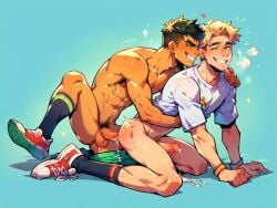 ai_generated athletic_male bara cum_dripping_from_penis doggy_style gay_sex male/male male_only sneakers socks_and_shoes spaceemperor32089