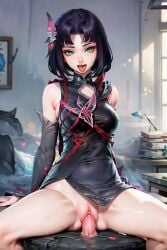 ai_assisted ai_generated black_hair detached_sleeves dress dress_lift green_eyes mobile_legends mobile_legends:_bang_bang sailencer self_upload short_hair spread_legs stable_diffusion straddling tongue_out vaginal_insertion vaginal_penetration vaginal_sex zhuxin_(mobile_legends)