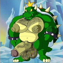 anthro arm_hair balls big_balls big_nipples big_pecs big_penis body_hair bowser chest_hair genitals hairy_balls hi_res huge_cock humanoid king_koopa koopa male male_only mario_(series) musclegut muscular nintendo nipples pecs penis possbooty pubes scalie solo the_super_mario_bros._super_show! top_heavy vhs_filter