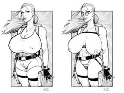 abs areolae backpack bag belt big_breasts braid cleavage clothing devil_hs erect_nipples erection eyewear female functionally_nude g-string handwear holster hourglass_figure huge_breasts human lara_croft lara_croft_(l.a.u.) large_breasts long_hair looking_over_eyewear looking_over_glasses looking_over_sunglasses monochrome mostly_nude muscular_female nipple_bulge nipples pubic_hair pubic_hair_peek sunglasses tactical_nudity tank_top thick_lips thick_thighs thigh_holster thigh_strap thong tinted_eyewear tomb_raider tomb_raider_(l.a.u.) weapon