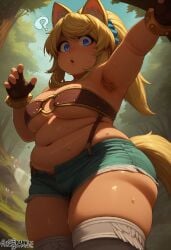 ai_generated animal_ears armpit_hair armpits ashleybarkz bbw belly blonde_hair blue_eyes female forest hairy_armpits liru liru_(magical_pokaan) low_angle o-ring_bikini o-ring_top open_mouth pixel_art ponytail question_mark renkin_san-kyuu_magical_pokaan shock shorts solo solo_female solo_focus surprised sweat sweating sweaty_body tail tan_body tan_skin thigh_highs wet_skin wolf_ears wolf_girl wolf_tail