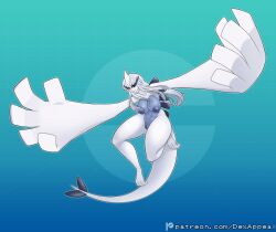 1female blue_body dex_appeal gen_2_pokemon horn legendary_pok&eacute;mon lugia monster_girl nintendo nipples nude nude_female pokemon pokemon_(species) pokemorph pussy spines tail white_body white_hair wings