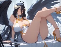 1girls ai_generated albedo_(overlord) bare_arms bare_legs bare_shoulders bare_thighs big_breasts black_hair clothed clothing color demon female female_focus female_only hi_res high_heels horns large_breasts light-skinned_female light_skin long_hair looking_at_viewer naka_ai no_bra overlord_(maruyama) solo solo_female succubus tagme thick_thighs wings yellow_eyes