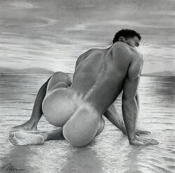 ass back_muscles beach black_and_white brad_welch_art butt eddie_del_real graphite_(artwork) hispanic hispanic_male instagram_model latino male male_only onlyfans_model pencil_(artwork) real_person tanlines water