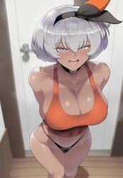 1girls ai_generated bare_arms bare_legs bare_shoulders bare_thighs bea_(pokemon) big_breasts blush clothed clothing color dark-skinned_female dark_skin female female_focus female_only game_freak grey_eyes grey_hair gym_leader hi_res large_breasts looking_at_viewer meepking nintendo no_bra open_mouth panties pokemon pokemon_ss pokemon_trainer shirt short_hair solo solo_female tagme thick_thighs