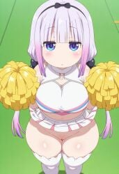 aged_up ai_assisted ai_generated bangs bare_shoulders beads blue_eyes blunt_bangs blush breasts cheerleader cleavage dutch_angle dynamic_angle eyebrows_visible_through_hair female gradient green_background hair_ornament hairband kanna_kamui kobayashi-san_chi_no_maidragon large_breasts lavender_hair long_hair looking_at_viewer lowiqtaboo midriff miss_kobayashi's_dragon_maid navel no_panties pawg pom_poms pussy skirt sleeveless solo thigh_gap thighhighs twintails white_legwear