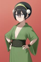 1girls ai_generated alternate_costume avatar_legends avatar_the_last_airbender black_hair blind blush cleavage earth_kingdom female flat_chest flat_chested green_kimono hands_on_hips kimono obi plunging_neckline small_breasts toph_bei_fong