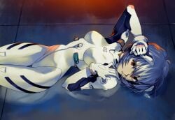 1girls bodysuit breasts clothed_female laying_down laying_on_floor laying_on_ground looking_at_viewer neon_genesis_evangelion on_back on_floor optionaltypo pilot_suit pinup plugsuit posing red_eyes rei_ayanami short_hair solo thigh_gap