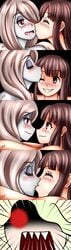 3girls 5koma :d ;d akko_kagari angry arms artist_name atsuko_kagari bare_arms bare_shoulders blonde_hair blush brown_eyes brown_hair cheek_kiss clenched_teeth closed_eyes closed_mouth comic dated diana_cavendish eye_contact eyebrows_visible_through_hair eyeshadow face-to-face female female_only friends glowing glowing_eyes hair_over_one_eye half-closed_eyes happy hug human jealous john_hayabusa kagari_atsuko kissing lavender_hair little_witch_academia long_hair looking_at_another looking_at_viewer makeup multiple_females multiple_girls mutual_yuri neck one_eye_closed open_mouth pale_skin red_eyes romantic screaming shaded_face sharp_teeth smile sucy_manbavaran teeth upper_body wince wink yuri