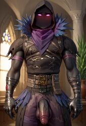 ai_generated balls biceps big_balls big_penis blush clothed clothed_male fortnite gay looking_at_viewer male male_only muscular muscular_male no_mouth penis penis_through_fly purple_eyes raven_(fortnite) showing_penis toned_body toned_male twall97