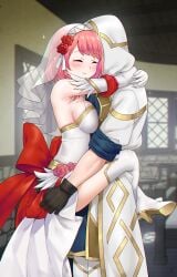 1boy absurdres boots breast_press breasts bridal_veil bride closed_eyes commission couple dress female fire_emblem fire_emblem_engage fire_emblem_heroes flower gloves gold_trim hairband highres hood hood_up hooded_robe hug igni_tion indoors kiran_(fire_emblem) kiran_(male)_(fire_emblem) lapis_(fire_emblem) lapis_(mighty_bride)_(fire_emblem) leather leather_gloves leg_lock looking_at_viewer medium_breasts official_alternate_costume red_flower red_rose robe rose sleeves_rolled_up standing_leg_lock straight thigh_boots two-tone_hairband veil wedding_dress white_hairband white_robe yellow_hairband